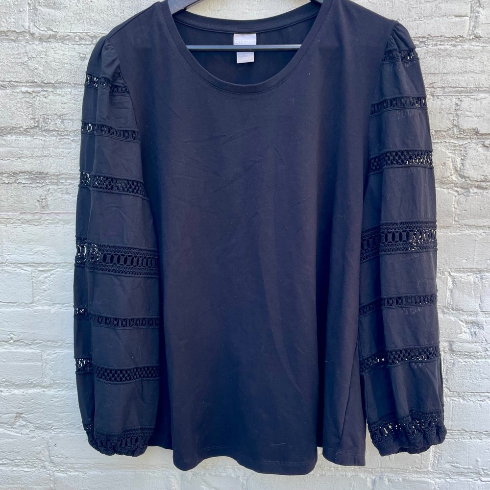 Chico's Black Eyelet‎ Lace Sleeve Long Sleeve Top Size 3 (XL) Statement Sleeve